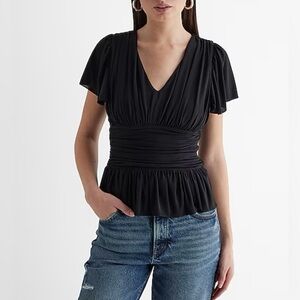Express Women's Skimming Black Top Size XS V-Neck Flutter Sleeve Ruched NWT $58